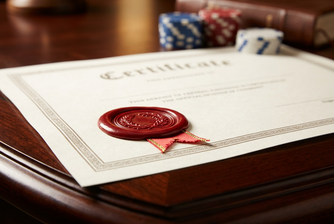 Detailní záběr na oficiální pečeť na certifikátu s rozostřenými kasinovými žetony v pozadí